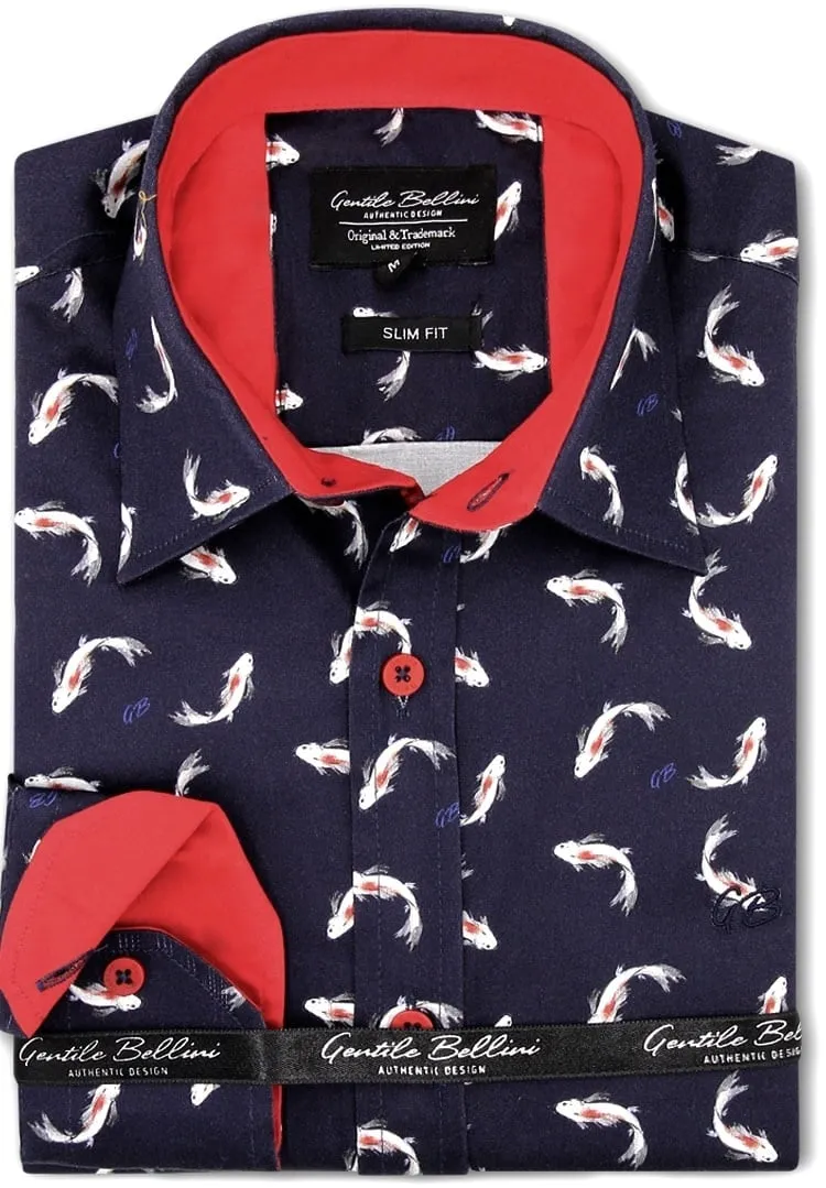 Fisch Drucken Herren Bluse Slim Fit - 3101 - Blau