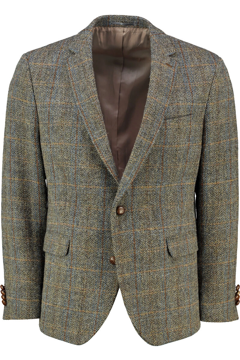 GEBR. WEIS Harris Tweed Sakko oliv kariert mit Lederpatches