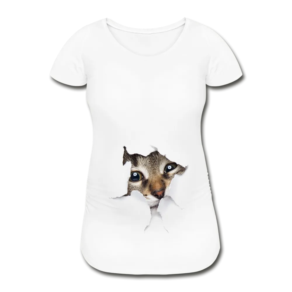 Süe Katze durch zerrissenes Papier Frauen Schwangerschafts-T-Shirt